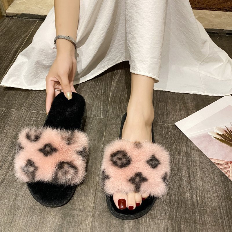 Women's PVC Leopard Print Wool Slippers
