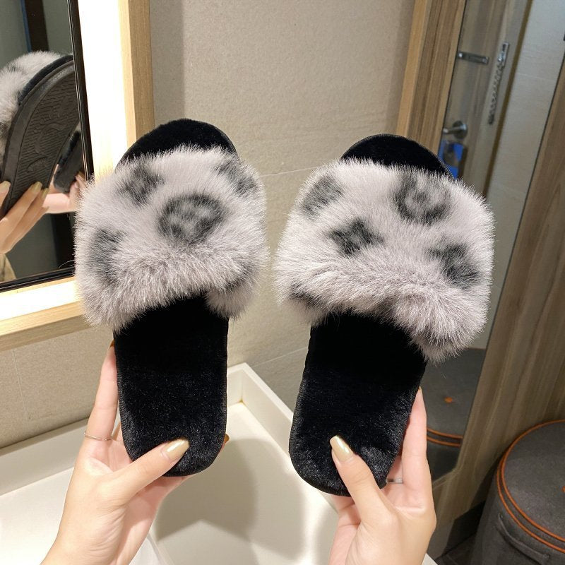 Women's PVC Leopard Print Wool Slippers