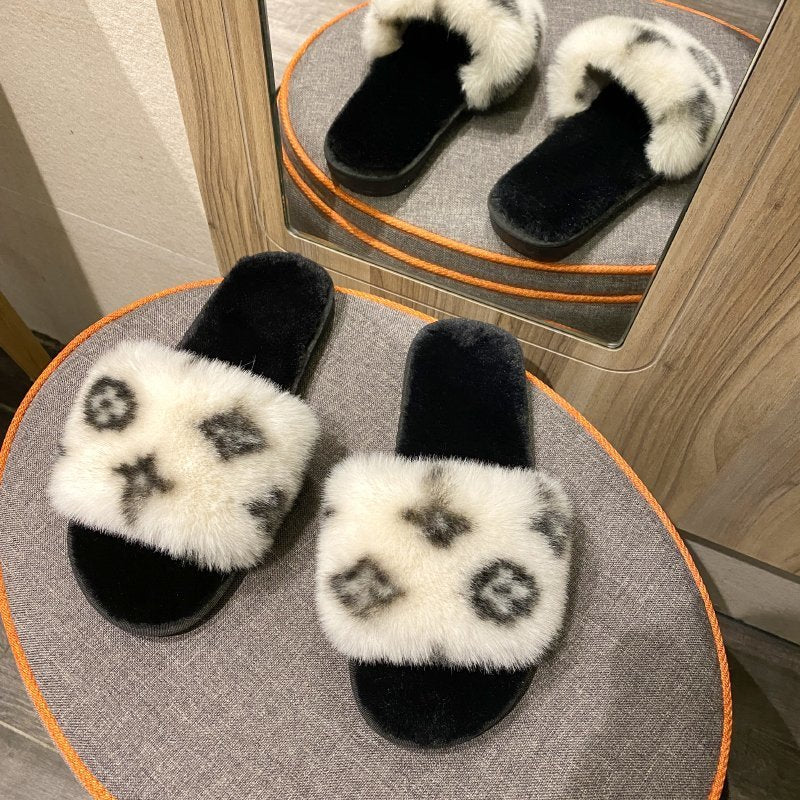 Women's PVC Leopard Print Wool Slippers