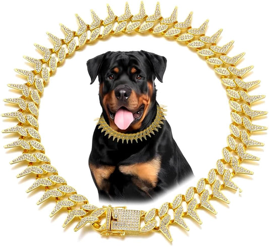 Pimaodog Dog Chain Collar Side Spiked Style Necklace Bling Diamond Cuban Link Dog Collars Glitter Rhinestone Puppy Collar for for Small Medium Large Pet Dogs (Gold 10 Inch)
